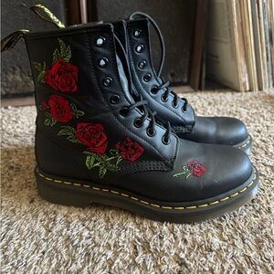 Dr. Martens Black Boots with Red Rose Embroidery